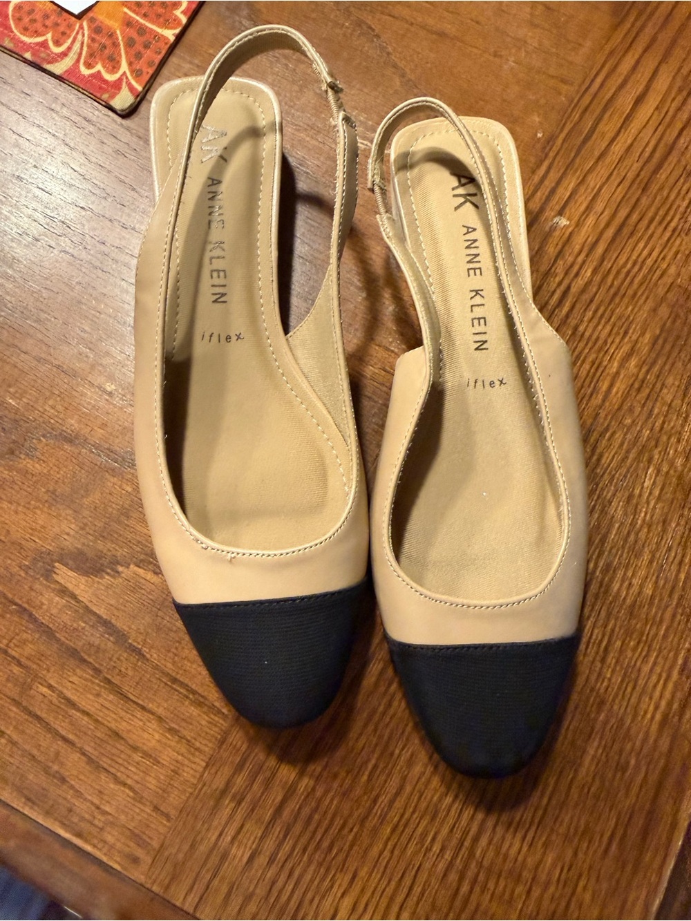 Anne Klein Beige and Black Cap-Toe Slingback Flats